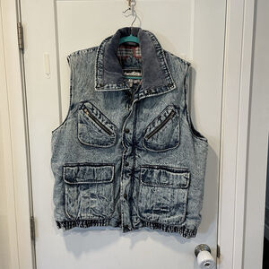 Vintage Denim Jean Vest Men’s Large Zip In Crowd Celebration Flannel Lined